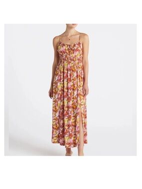 Smocked Spaghetti-Strap Maxi Dress in Pink & Yellow Floral